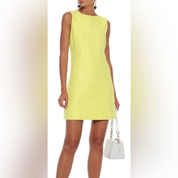 Alice + Olivia Neon Yellow Sequin Embellished Boucle Tweed Mini Dress Size 8 - Picture 1 of 11